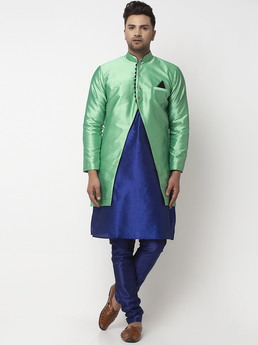 

Benstoke Men Blue Dupion Silk Kurta and Pyjama with Jacket