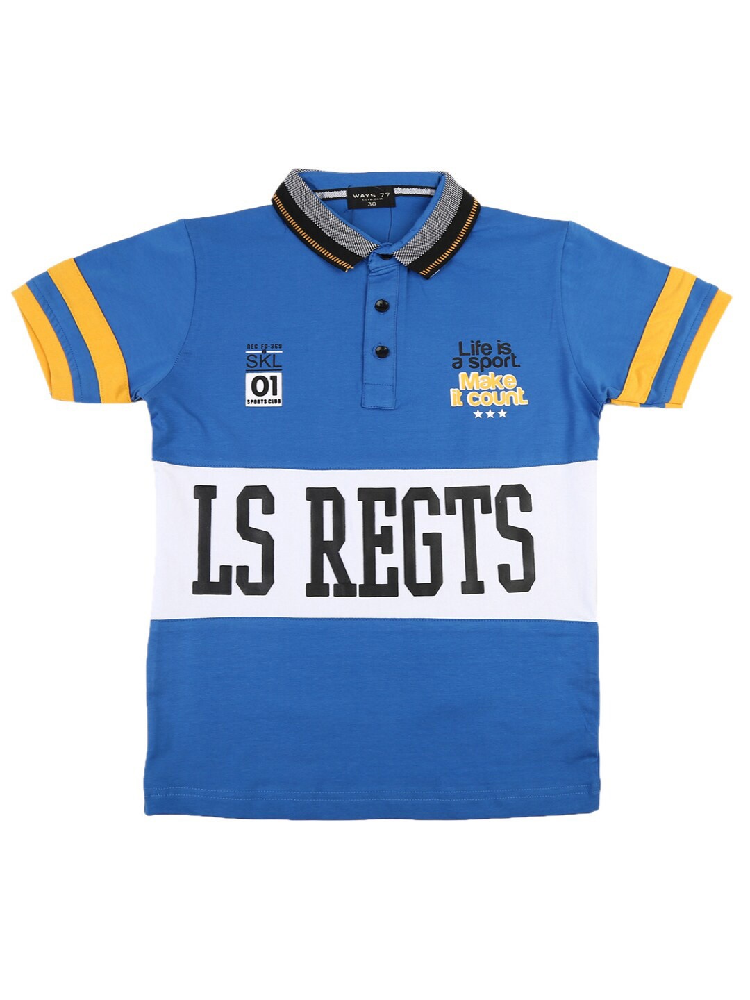 

V-Mart Boys Blue & White Printed Polo Collar Applique T-shirt