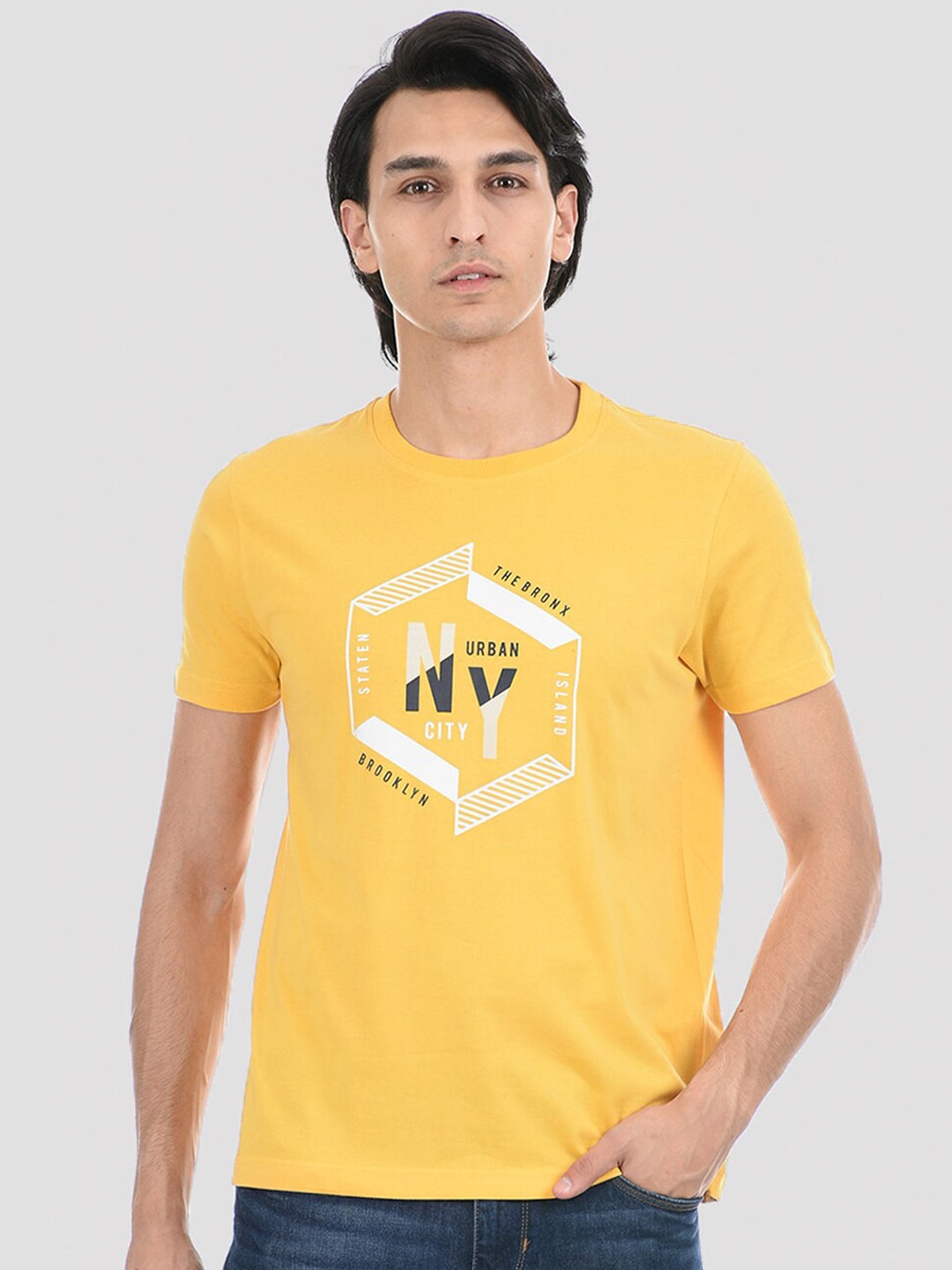 

ONEWAY Men Yellow Sports Printed Applique T-shirt