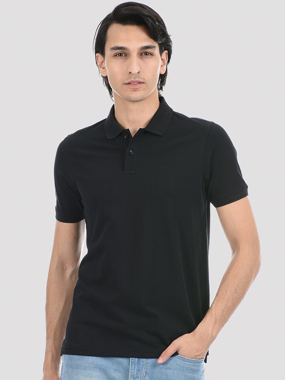 

ONEWAY Men Solid Polo Collar Cotton T-Shirt, Black