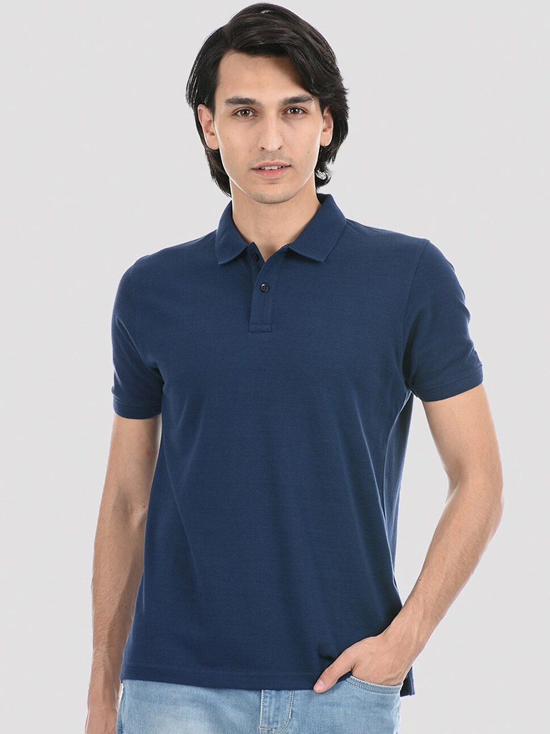

ONEWAY Men Navy Blue Polo Collar T-shirt