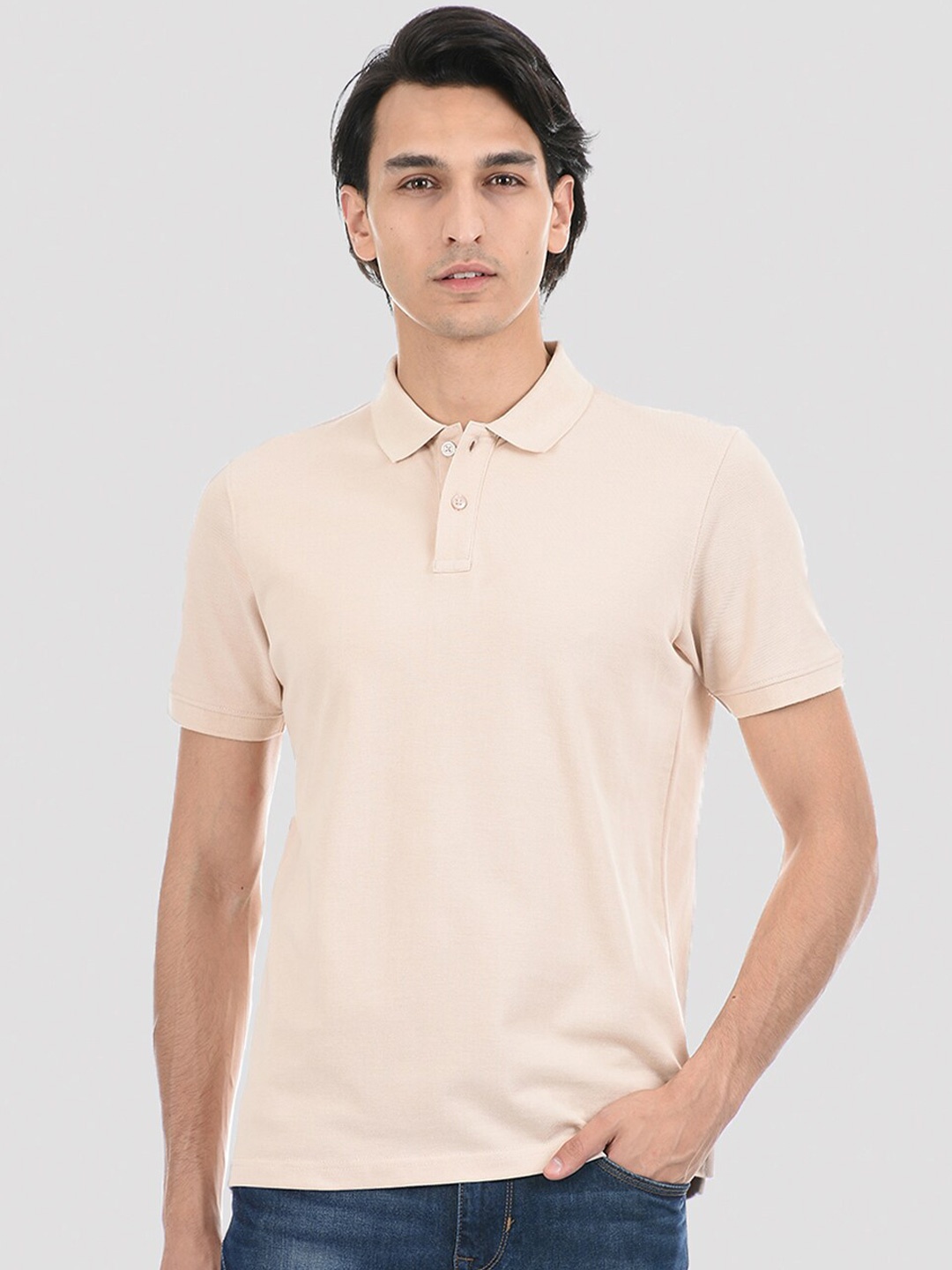 

ONEWAY Men Solid Cotton Polo T-Shirt, Beige