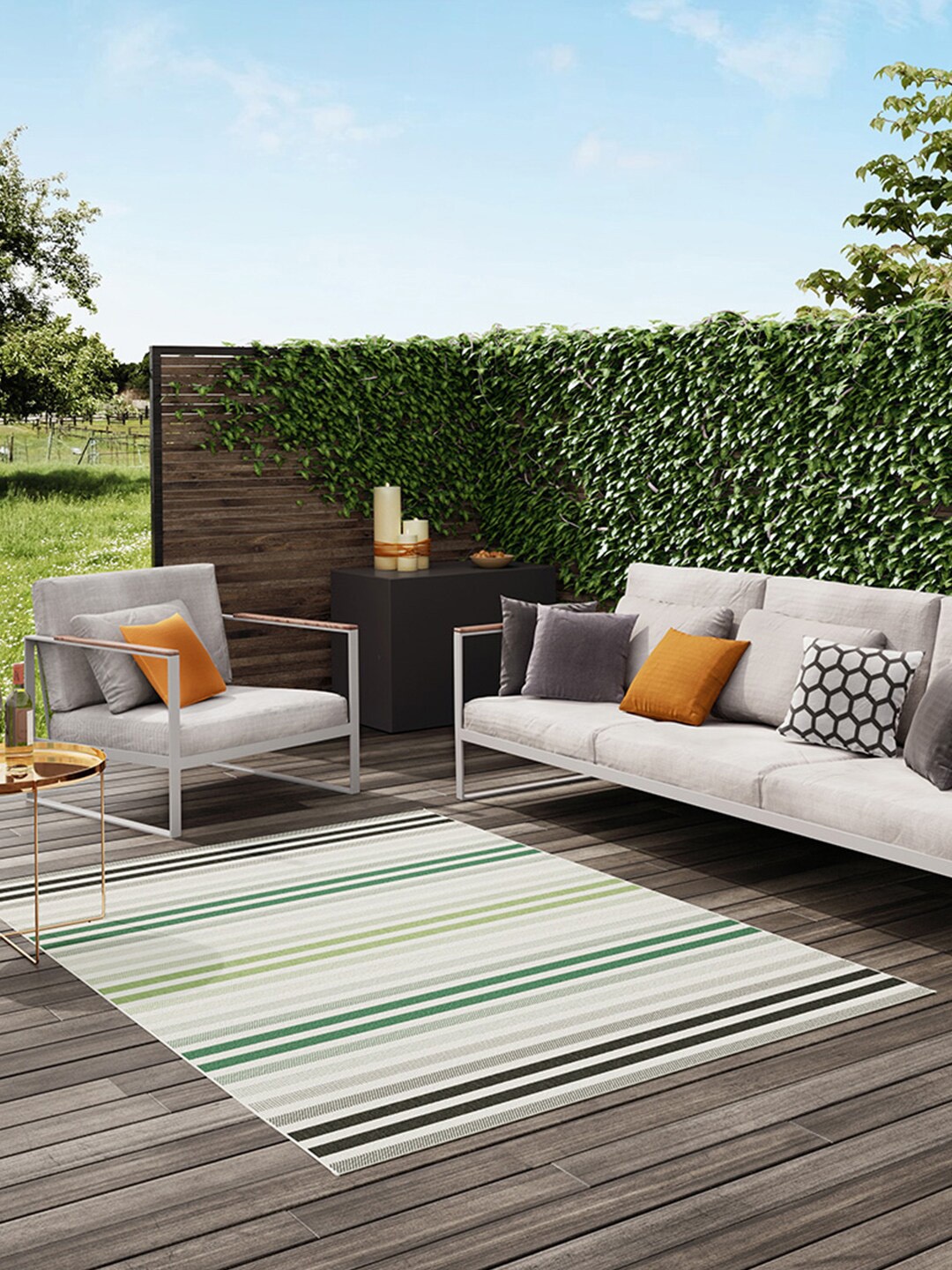 

DDecor Green & Off-white Striped Light Carpet