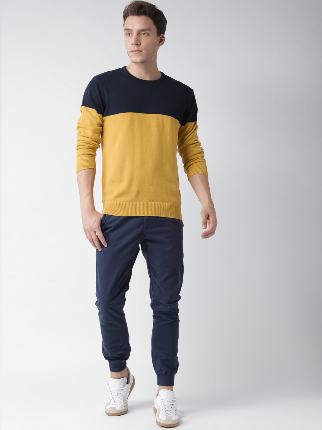 

Mast & Harbour Men Navy & Mustard Yellow Colourblocked Sweater, Navy blue