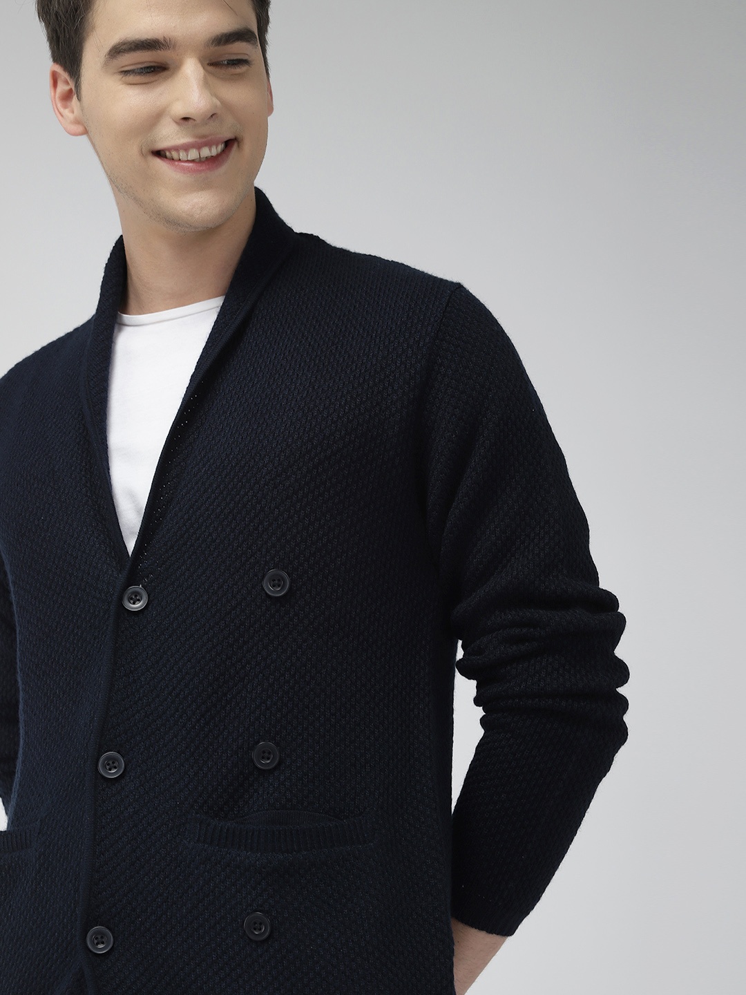 

Mast & Harbour Men Navy Blue Self Design Cardigan