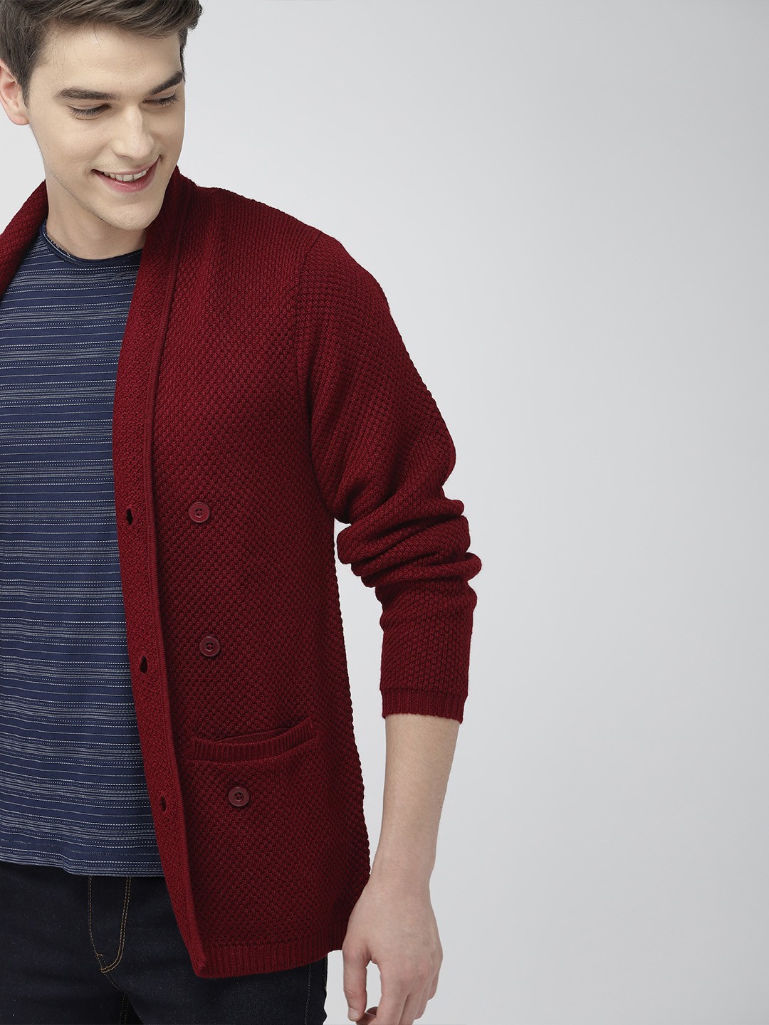 

Mast & Harbour Men Maroon Self-Design Cardigan