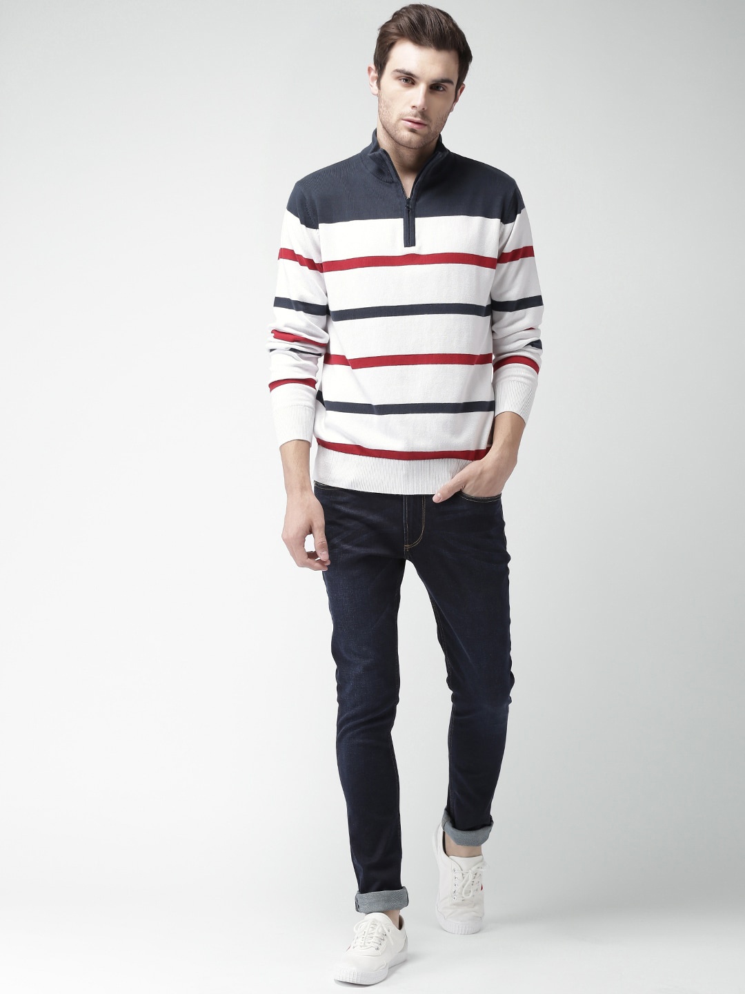 

Mast & Harbour Men White & Navy Blue Striped Sweater