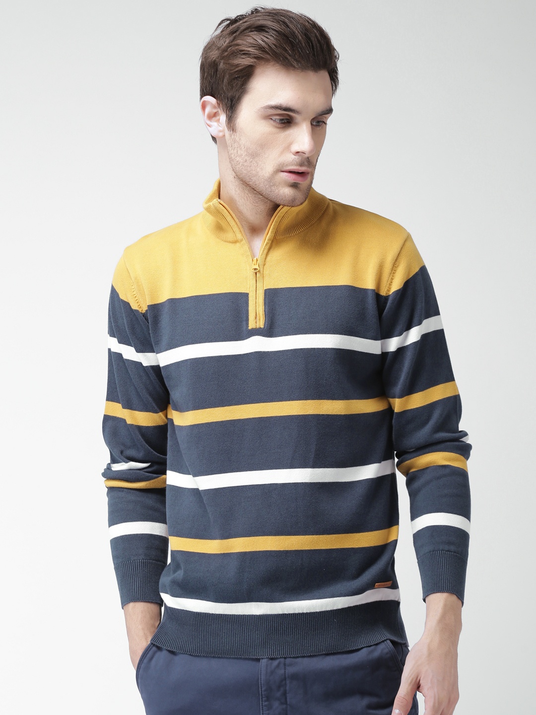 

Mast & Harbour Men Navy Blue & Mustard Yellow Striped Sweater