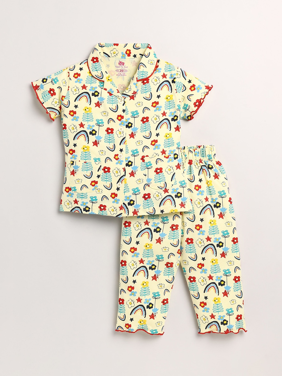 

Dear to Dad Girls Yellow & Red Printed Pure Cotton Night suit