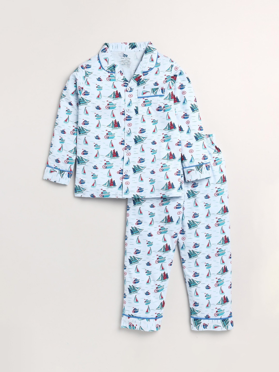

Dear to Dad Boys Aqua Blue & Red Printed Lapel Collar Night suit