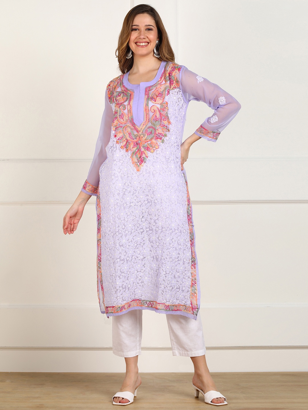 

VAHSON Women Purple Floral Yoke Design Chikankari Georgette Kurta