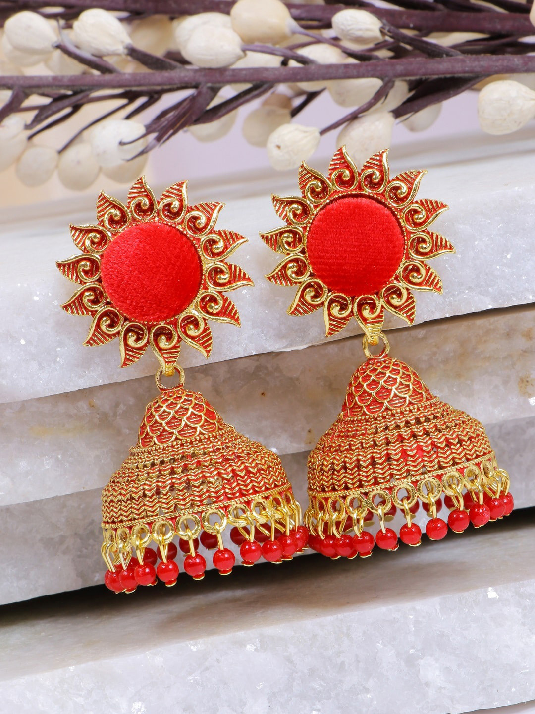 

Crunchy Fashion Red & Gold-Toned Dome Shaped Jhumkas Earrings