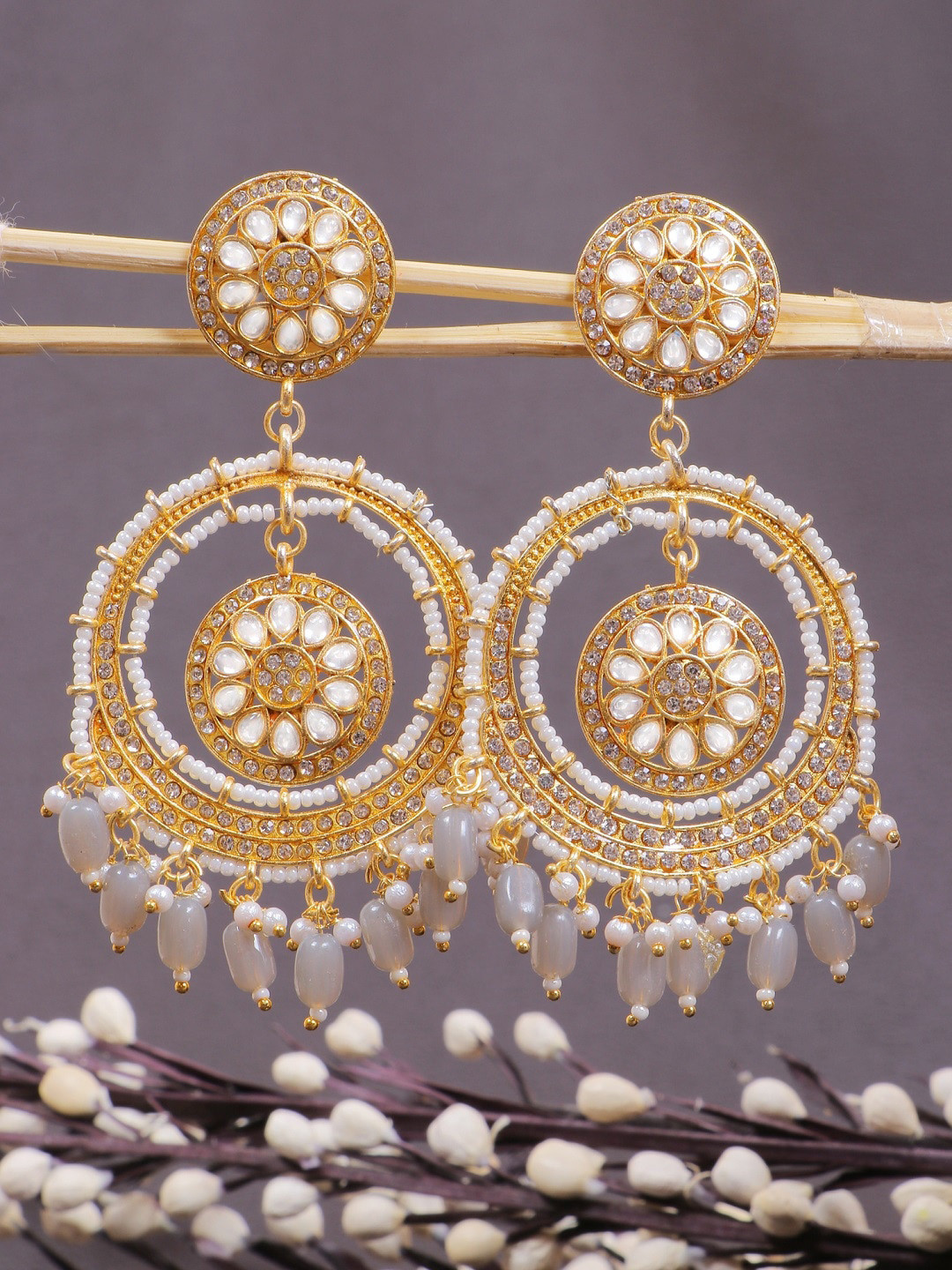 

Crunchy Fashion Gold-Toned & White Contemporary Drop Earrings