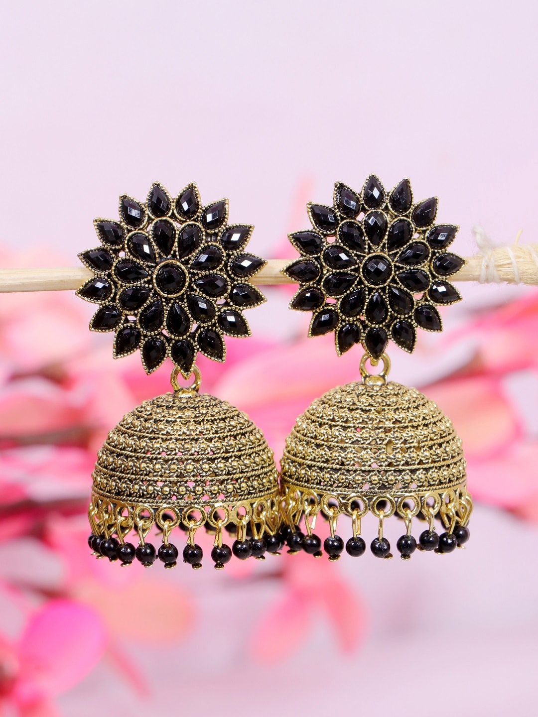 

Crunchy Fashion Black & Gold-Toned Dome Shaped Jhumkas Earrings