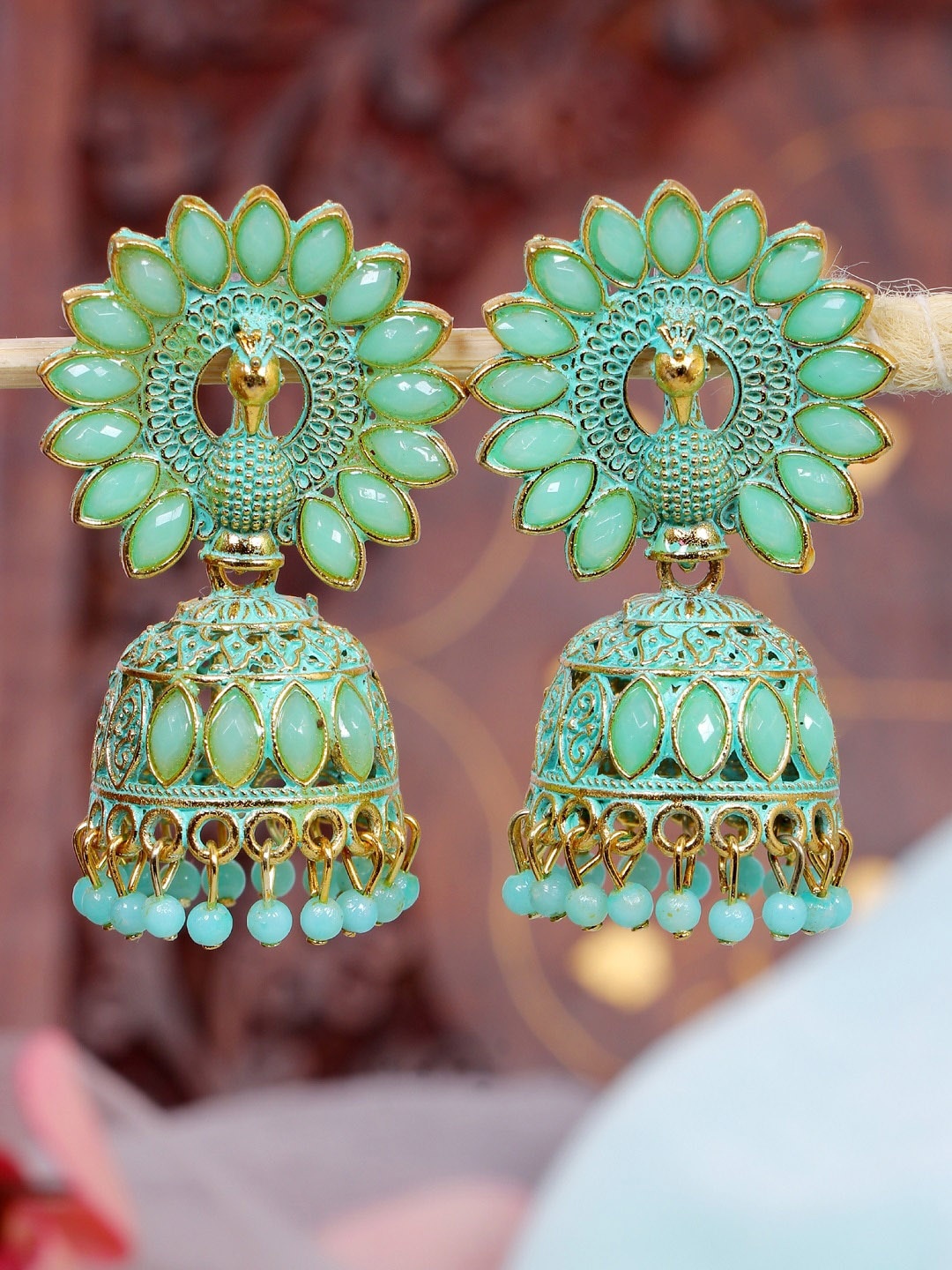 

Crunchy Fashion Green Peacock Shaped Jhumkas Earrings