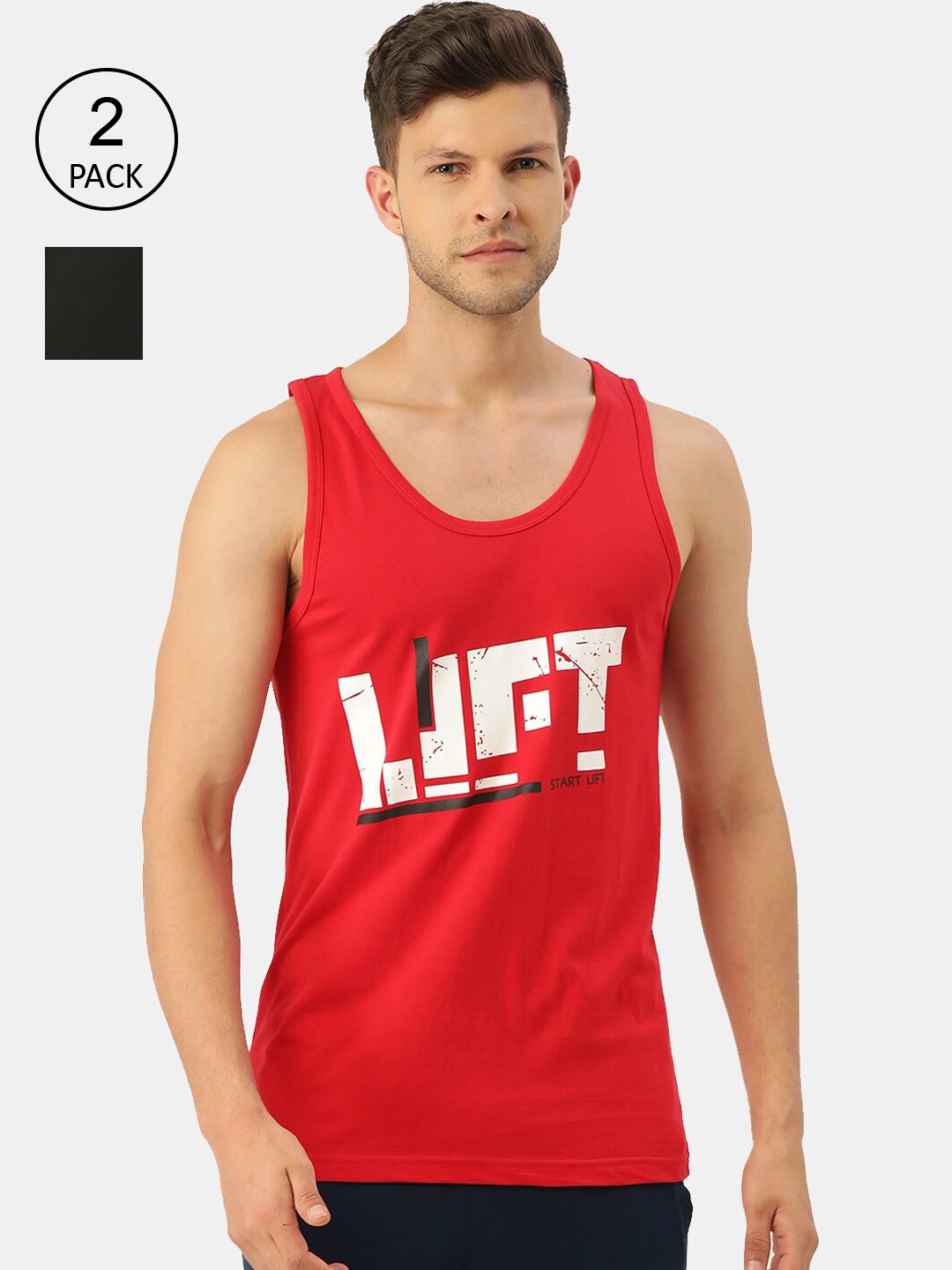 

ROMEO ROSSI Men Pack Of 2 Black & Red Printed Cotton Gym Vests RRGV-5004-2-BL-RD-Black,Red