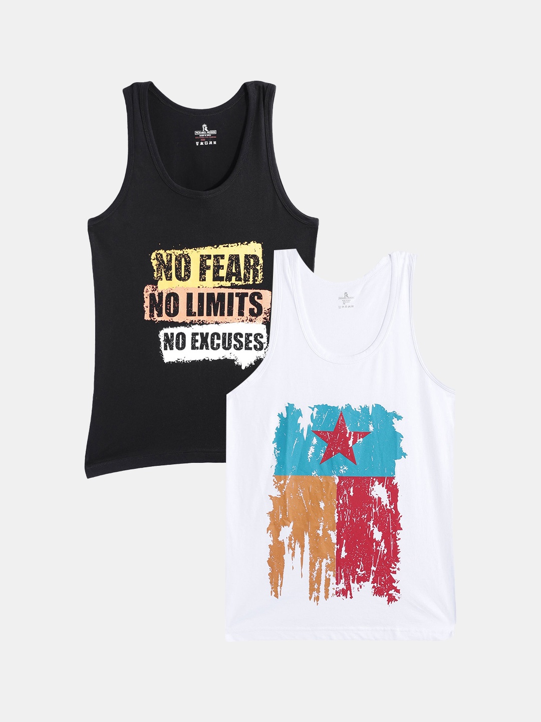 

ROMEO ROSSI Boys Pack Of 2 Black & white Printed Pure Cotton Gym Vests