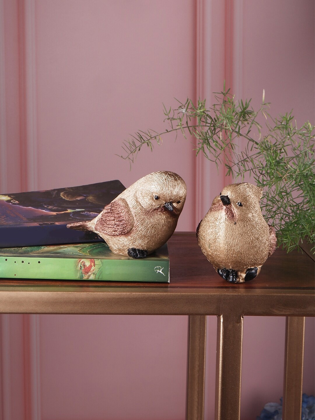 

THE WHITE INK DECOR Set of 2 Brown & Gold-Toned Fengshui Birds Showpieces