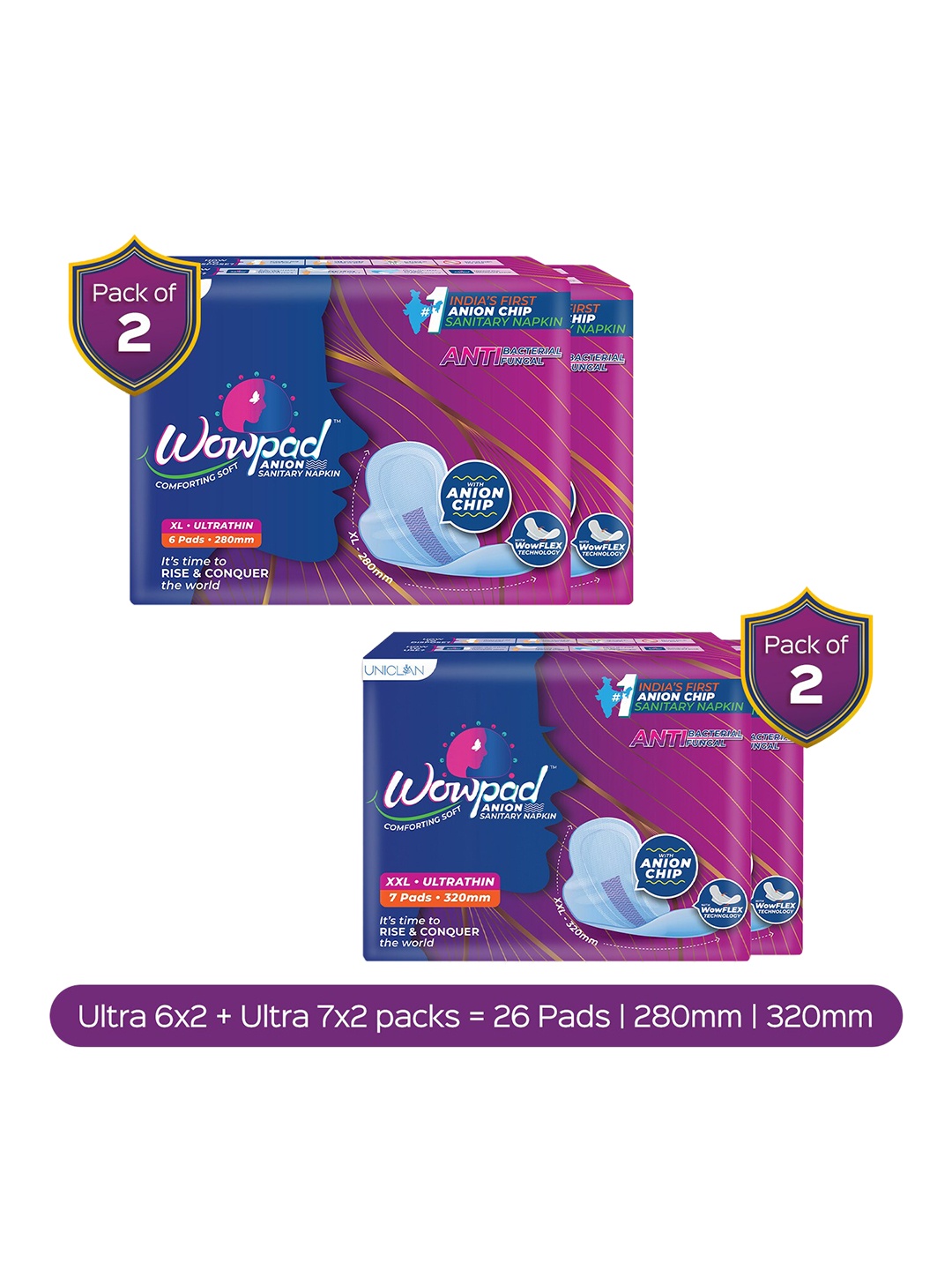 

Wowpad Set of 4 Anion Sanitary Pads - 2 XXL & 2 XL, Purple