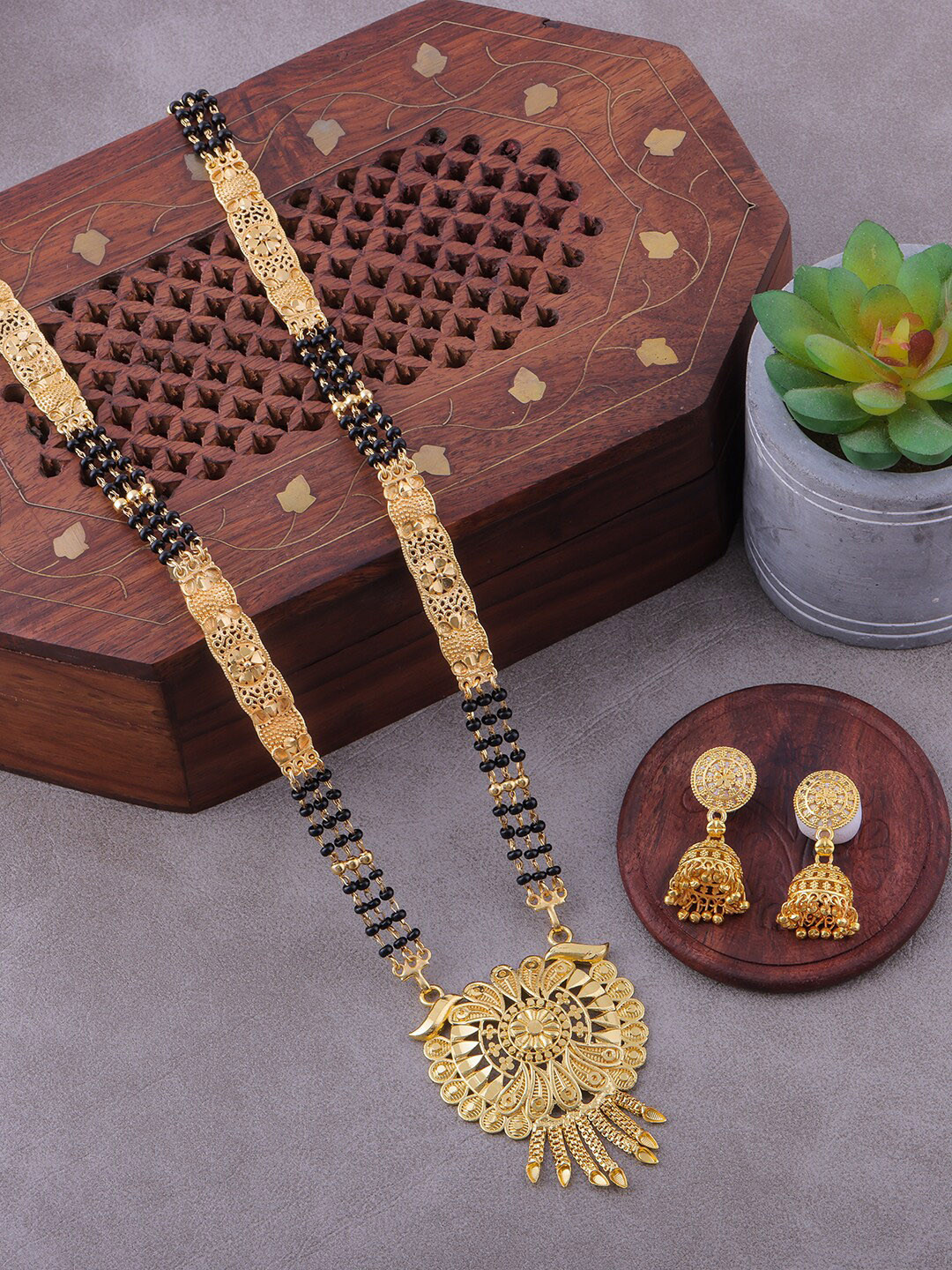 

Brandsoon Gold-Plated Black Beaded Mangalsutra With Earrings
