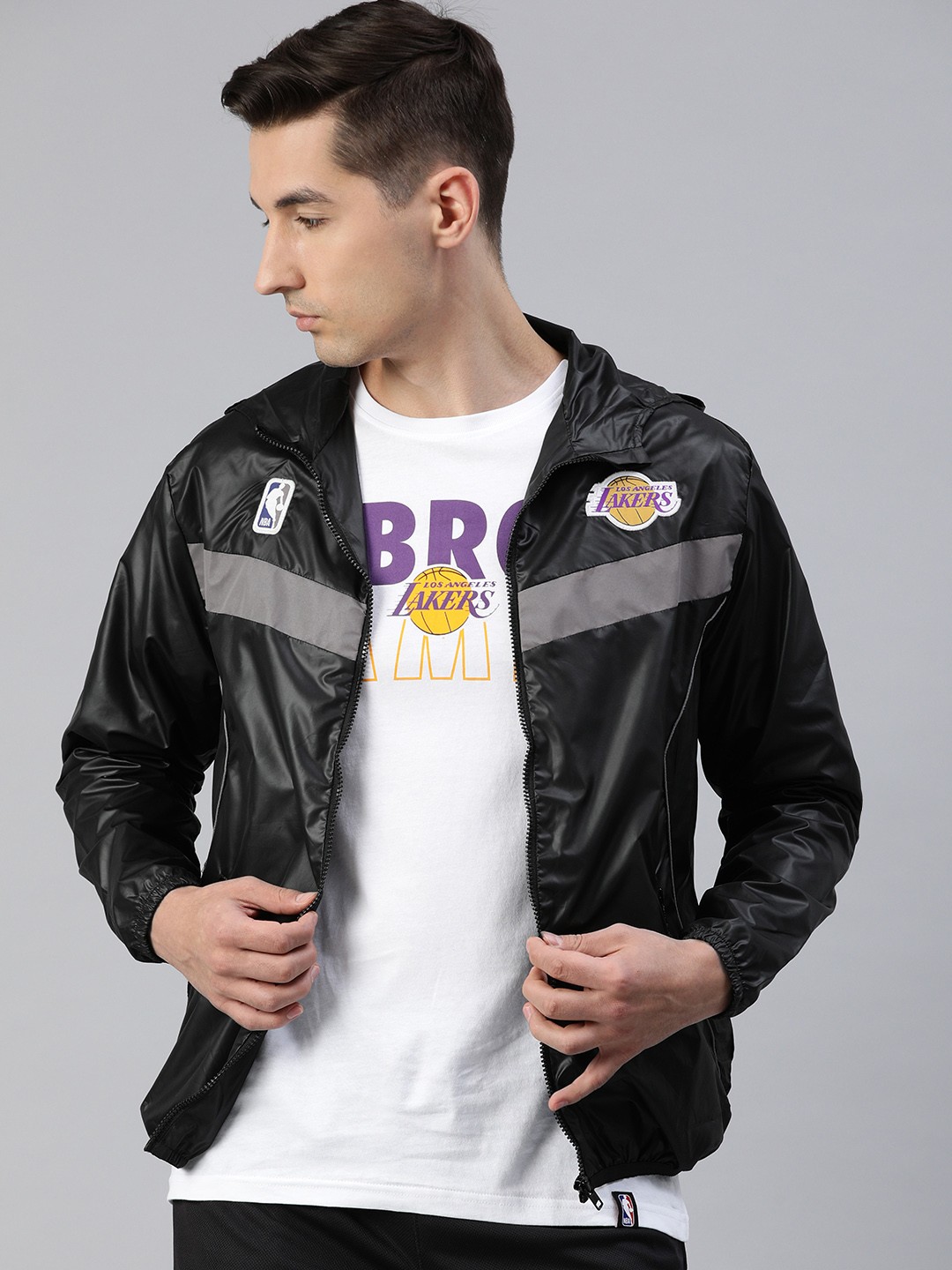 

NBA Men Black Los Angeles Lakers Wind Breaker Hooded Jacket
