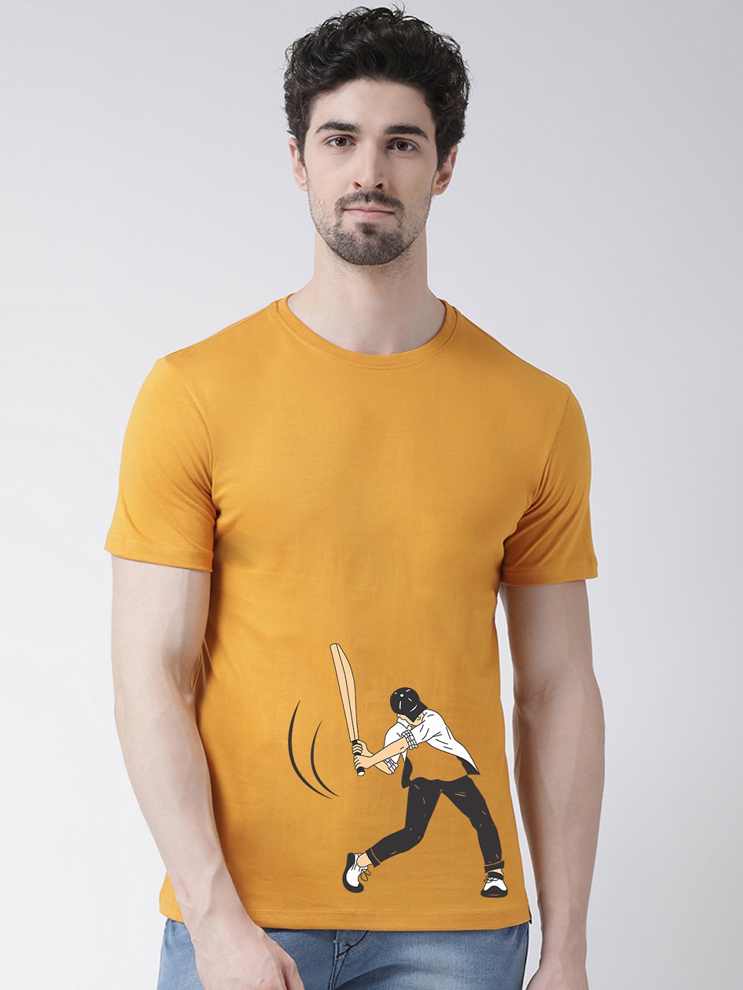 

Friskers Men Gold-Toned Printed V-Neck Raw Edge T-shirt