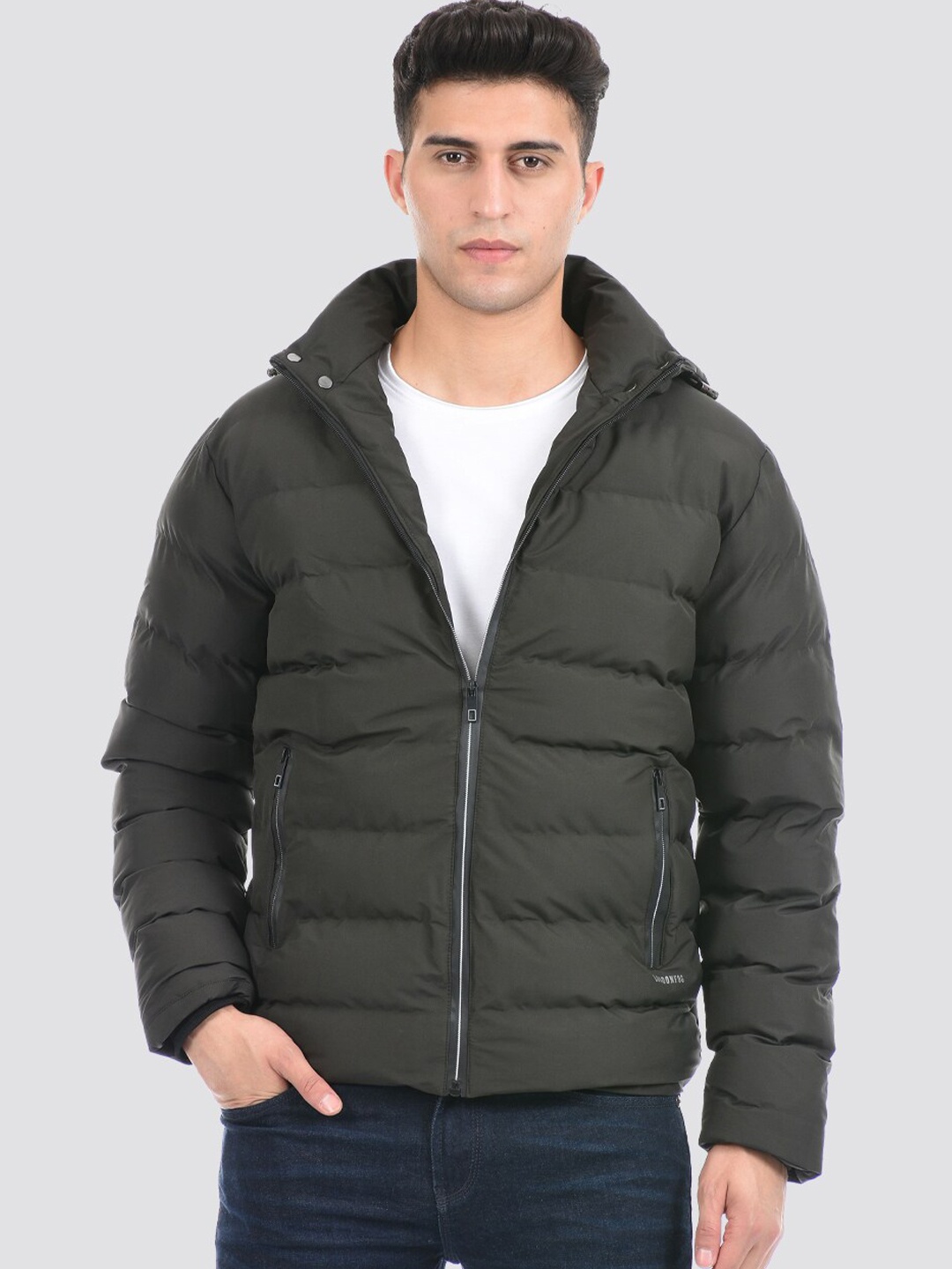 

LONDON FOG Men Green Striped Longline Puffer Jacket
