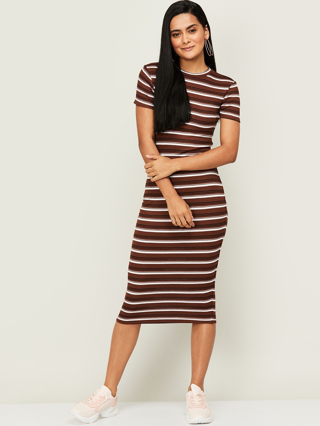 

Ginger by Lifestyle Brown Striped Bodycon Midi Dress
