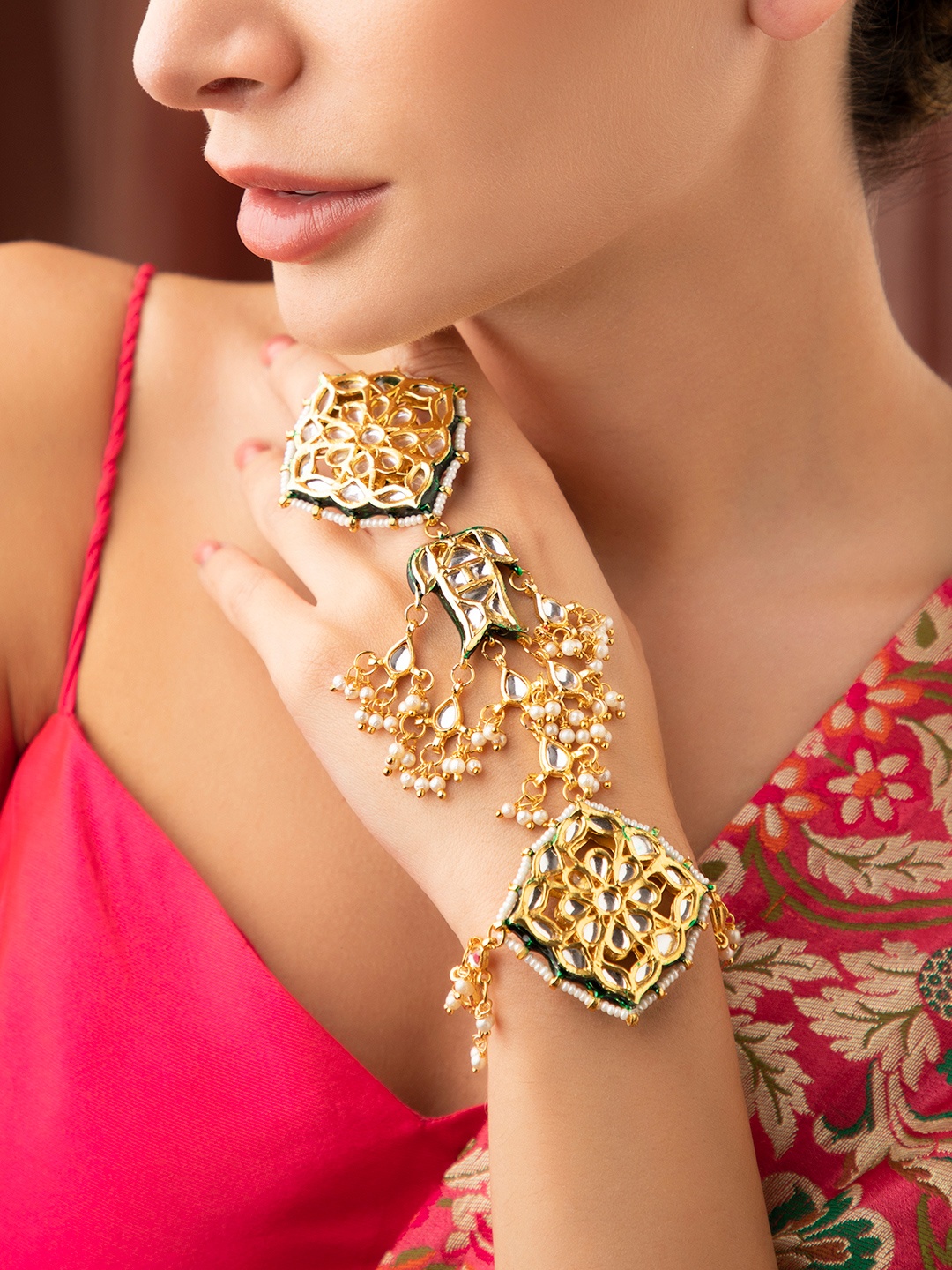 

Rubans Women Gold-Toned Gold-Plated Ring Hathphool Bracelet