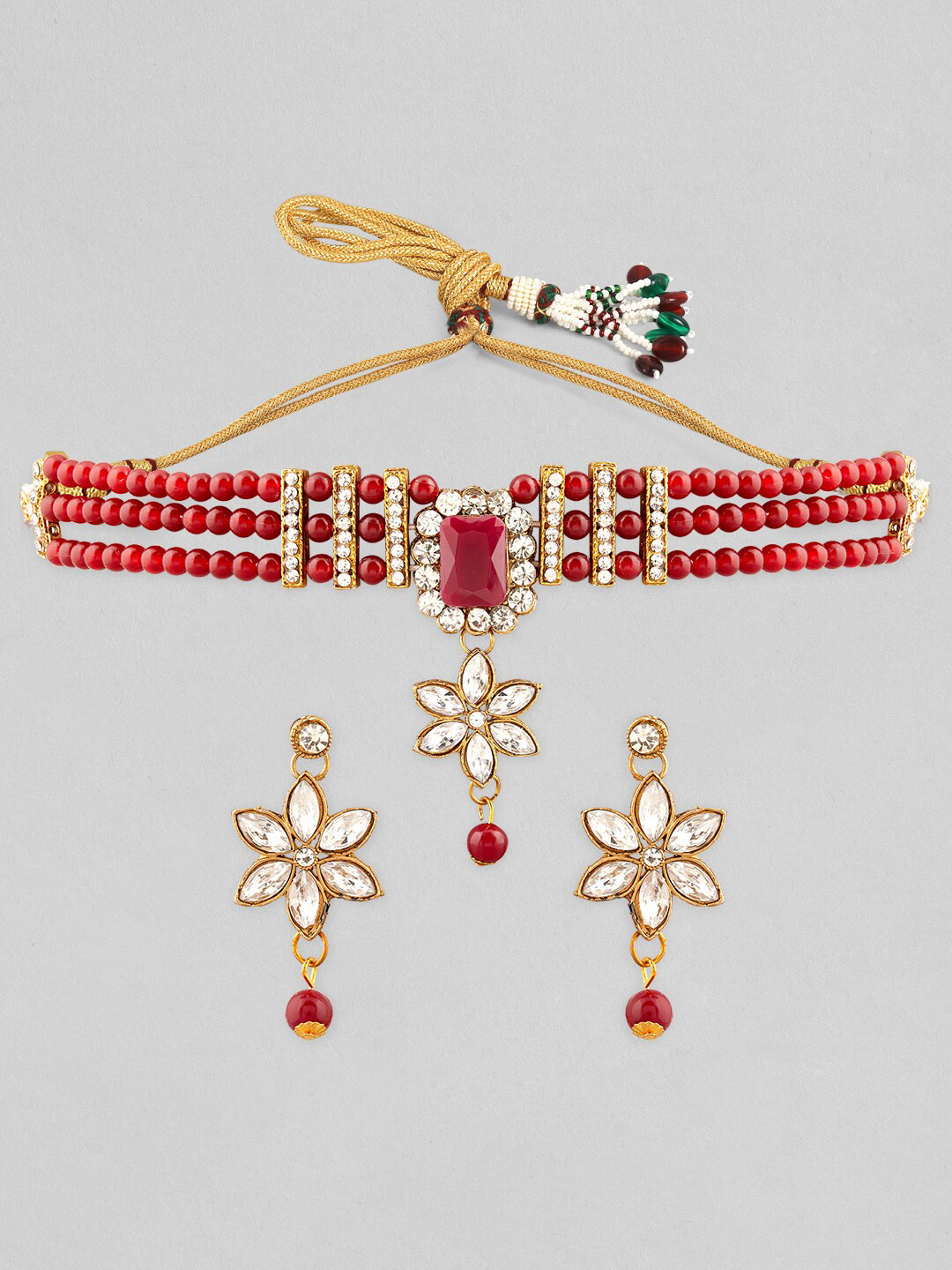 

Rubans Gold-Plated Red & White Kundan-Studded & Pearls-Beaded Jewellery Set