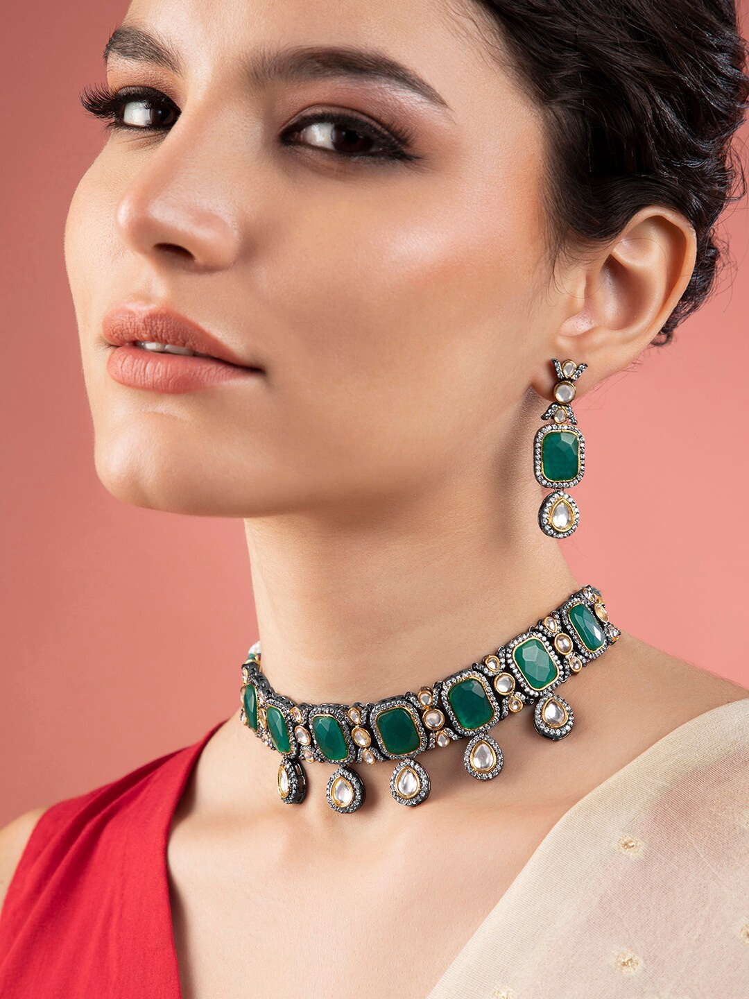 

Rubans Silver-Plated & Green AD-Studded Jewellery Set