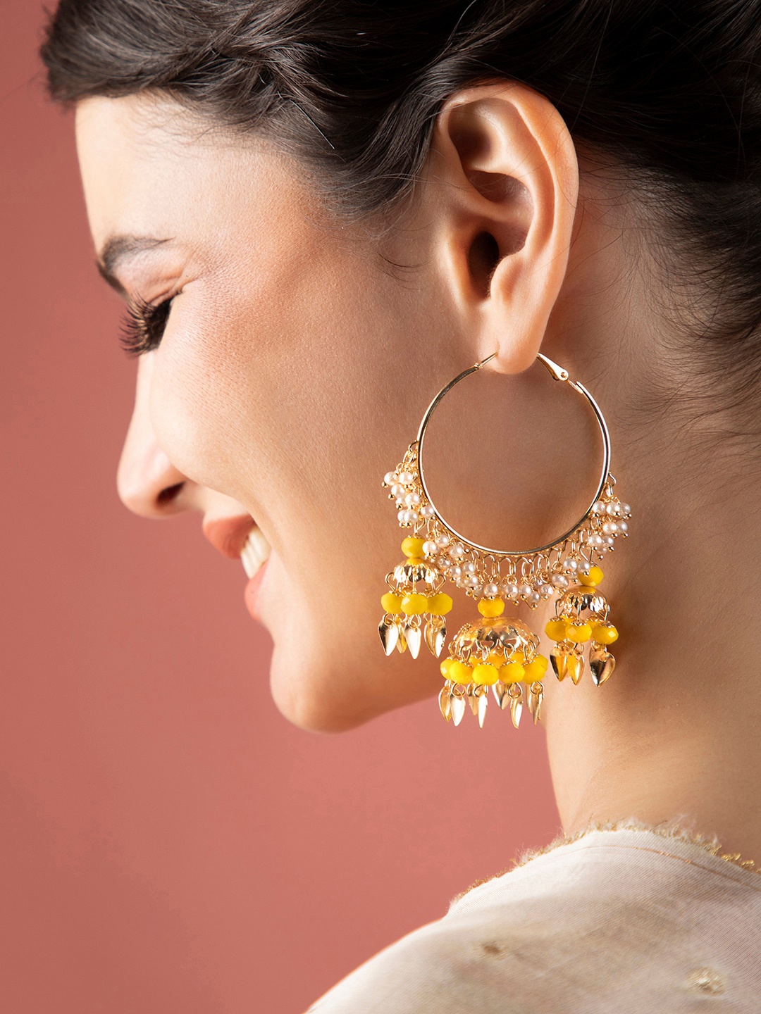

Rubans Gold-Toned & Yellow Beads & Pearls Circular Hoop Earrings