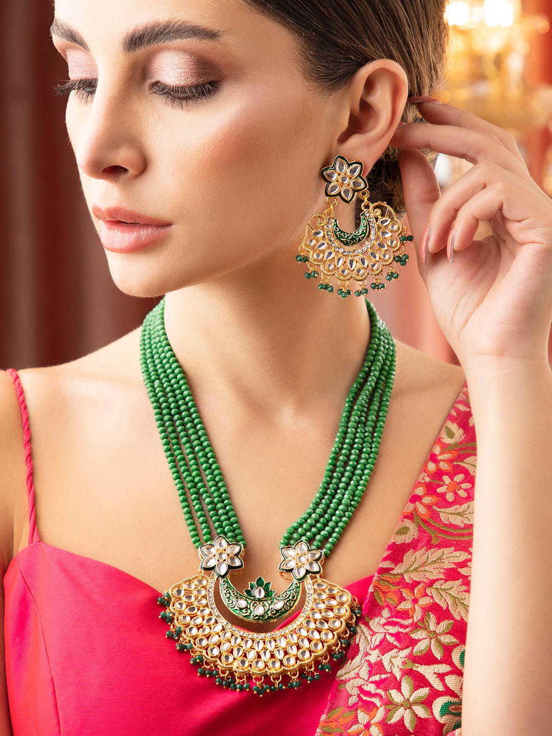 

Rubans Gold-Plated & Green Beads Studded Jewellery Set