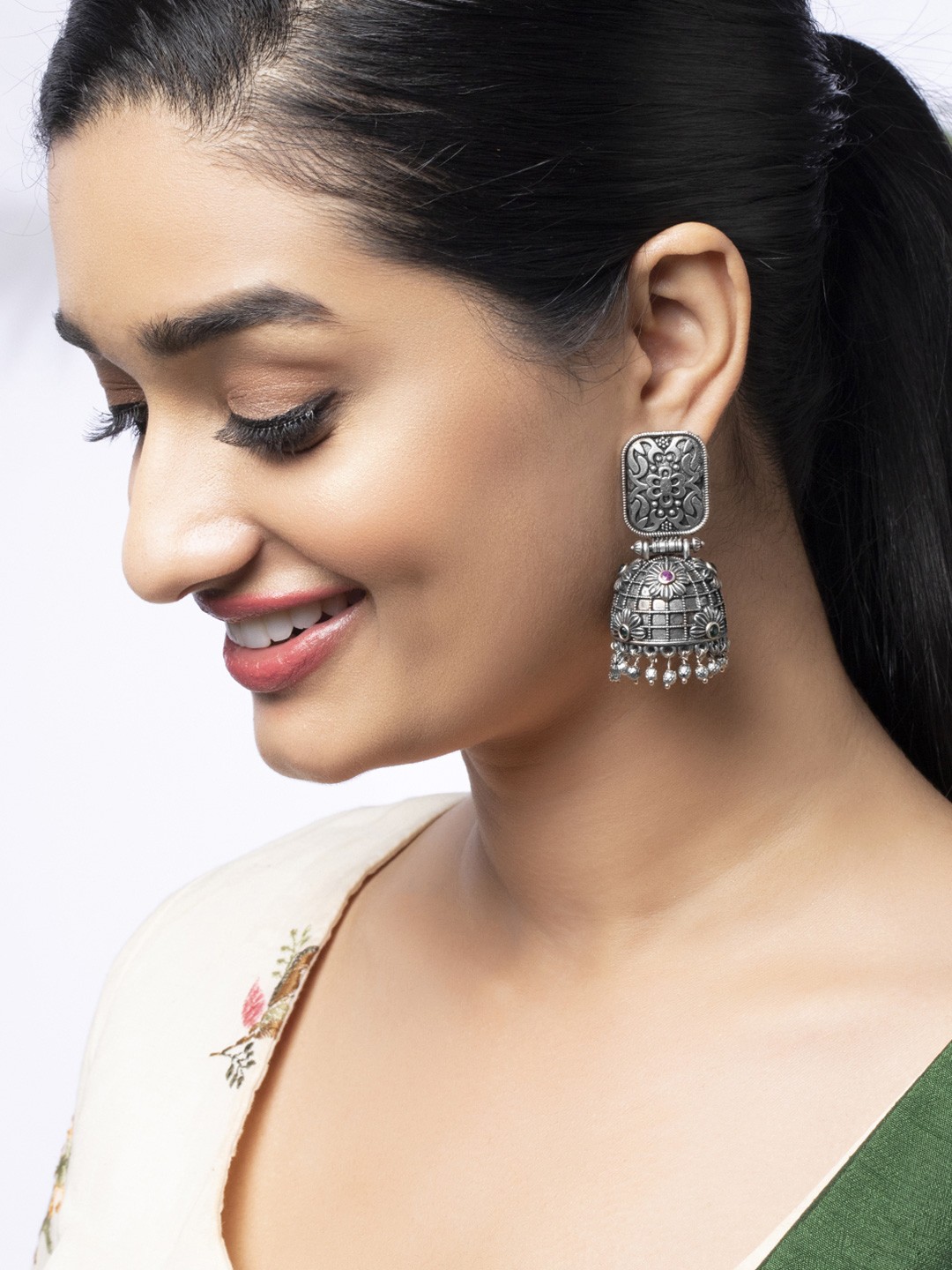 

Rubans Women Silver-Toned Dome Shaped Jhumkas Earrings