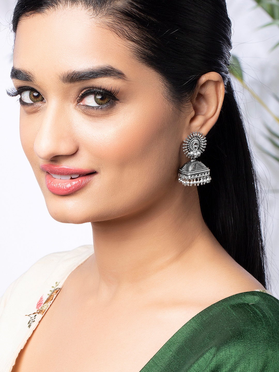 

Rubans Silver-Toned Dome Shaped Jhumkas Earrings