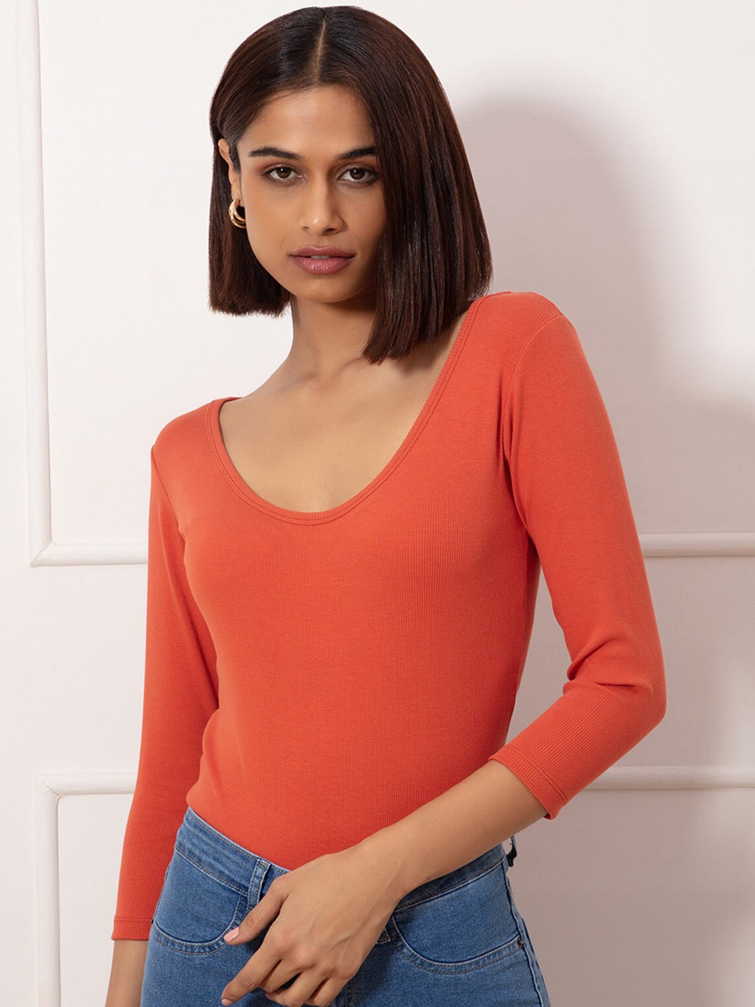 

20Dresses Women Orange Solid Scoop Neck Bodysuit