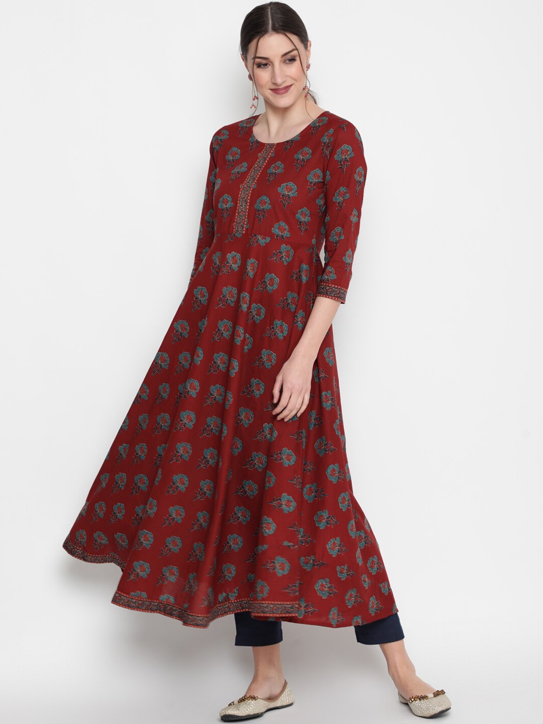 GLAM ROOTS Women Maroon & Grey Floral Printed Anarkali Kurta