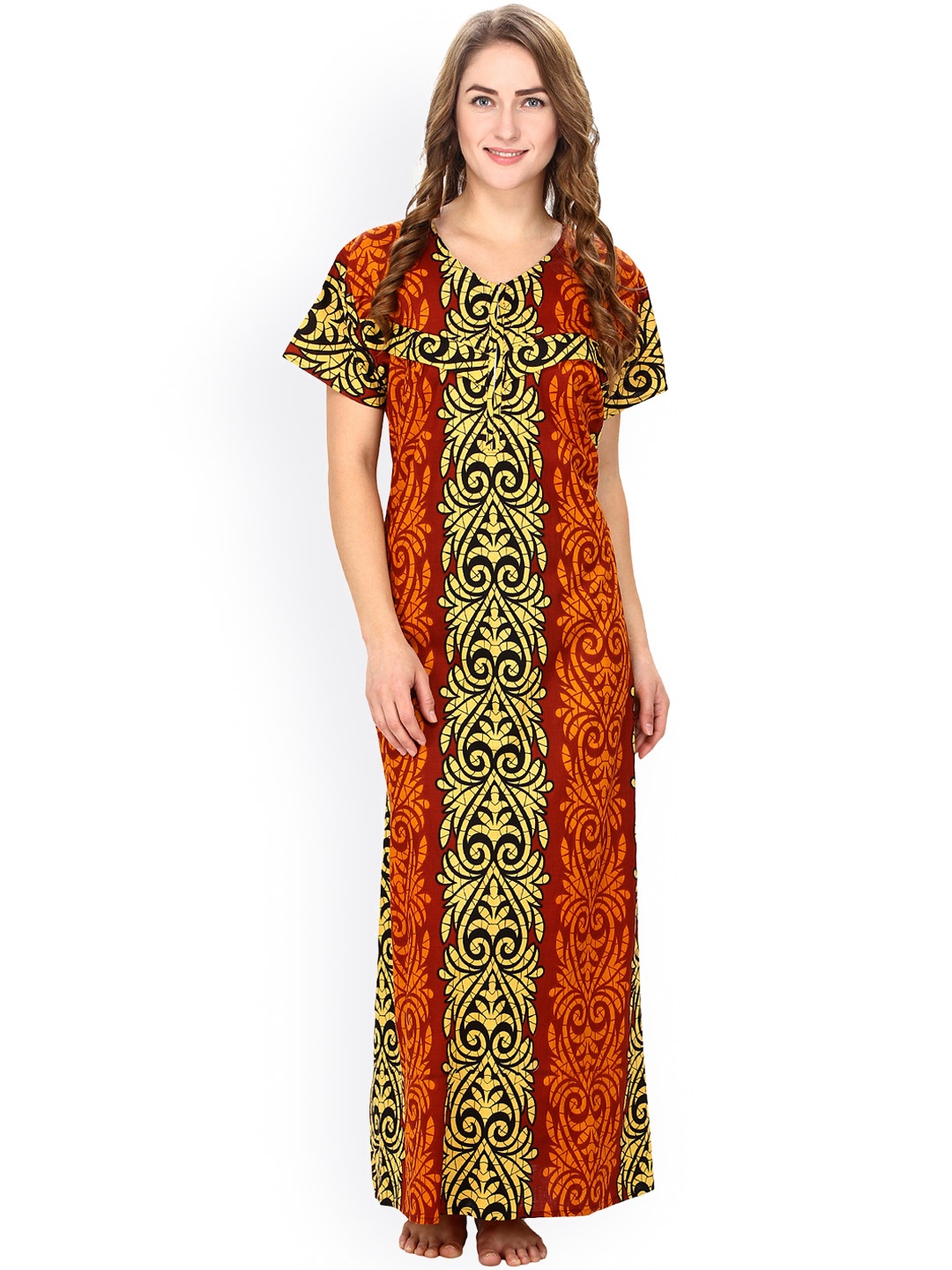 

Secret Wish Yellow & Rust Brown Printed Maternity Maxi Nightdress NT-E47-339