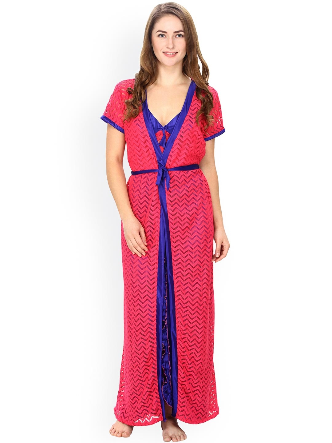 

Secret Wish Pink & Blue Chevron Patterned Satin Maxi Nightdress with Robe HC-E50-347