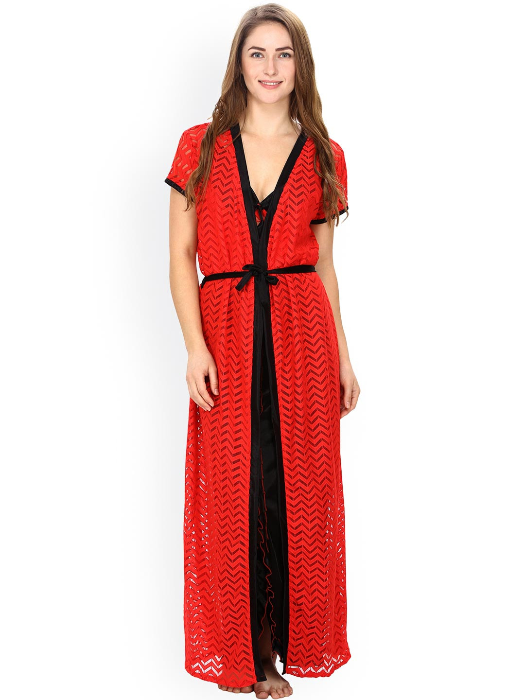 

Secret Wish Black & Red Chevron Patterned Satin Maxi Nightdress with Robe HC-E50-348