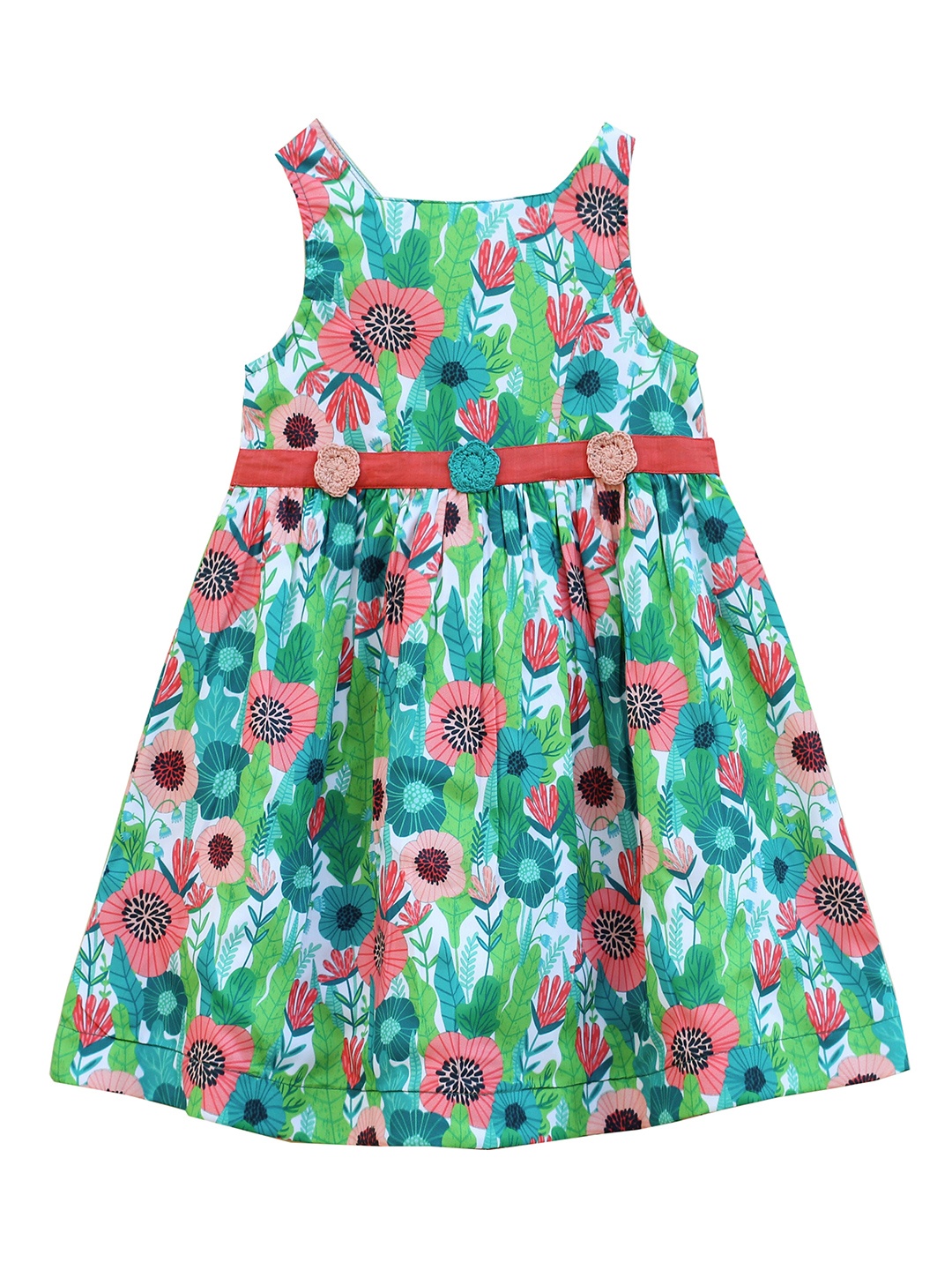 

misbis Girls Green & Pink Floral A-Line Cotton Dress
