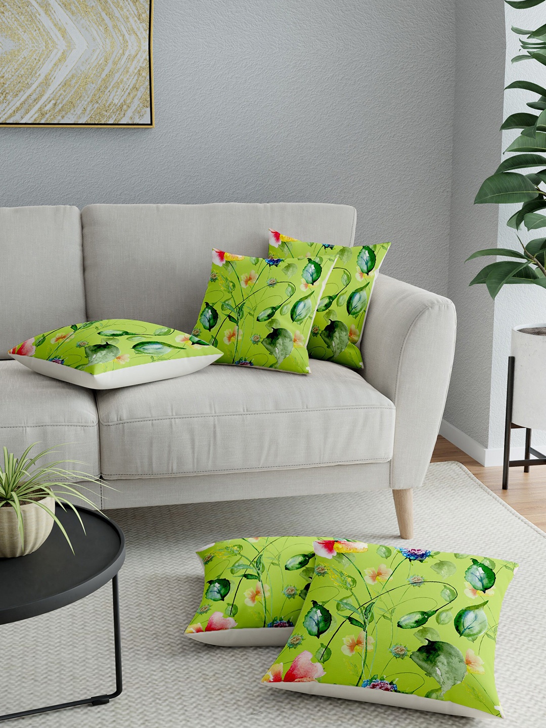 

LA VERNE Assorted Set of 5 Floral Square Cushion Covers, Green