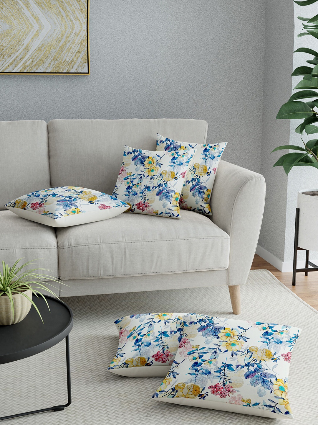

LA VERNE Cream-Coloured & Blue Set of 5 Floral Square Cushion Covers