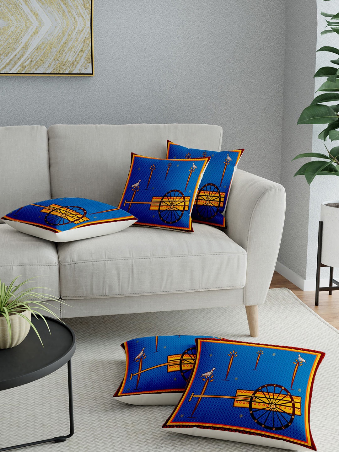 

LA VERNE Blue & Yellow Set of 5 Digital printed Square Cushion Covers