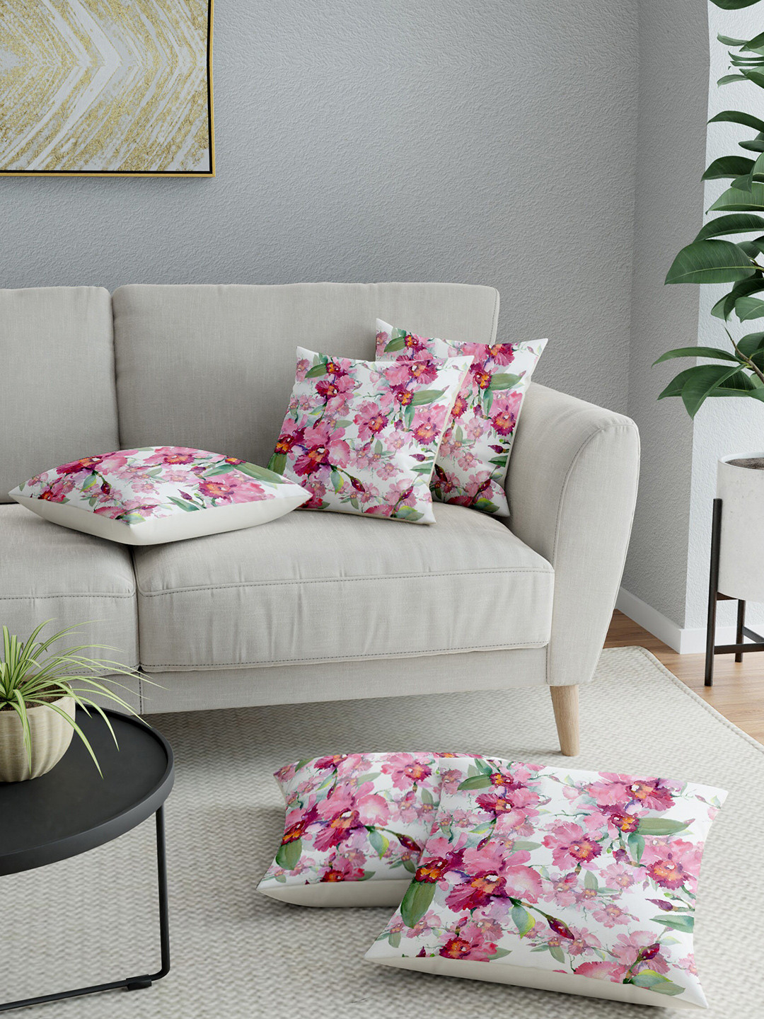 

LA VERNE Pink & White Set of 5 Floral Square Cushion Covers