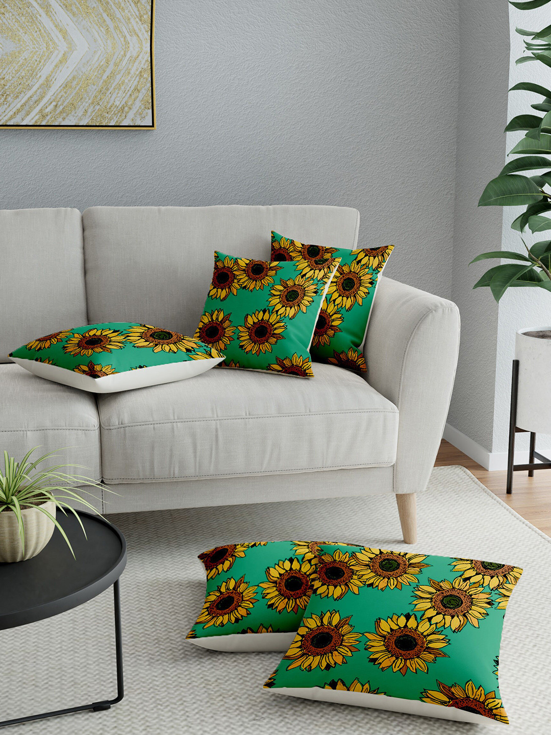 

LA VERNE Green & Yellow Set of 5 Floral Printed Square Cushion Covers