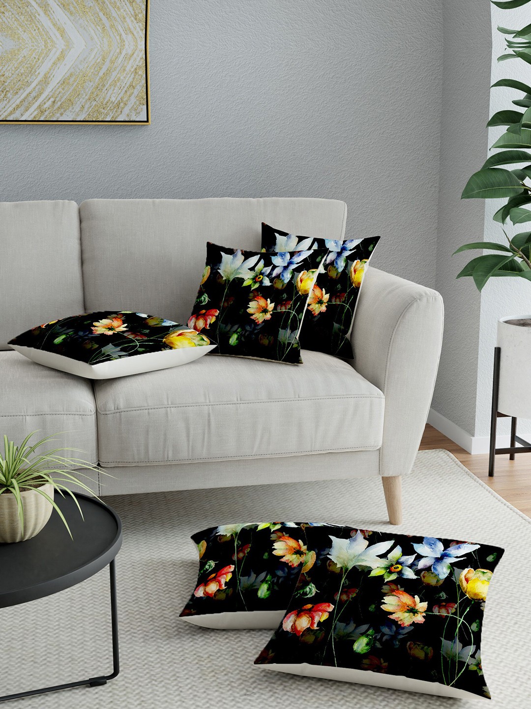 LA VERNE Black & Peach-Coloured Set of 5 Floral Square Cushion Covers