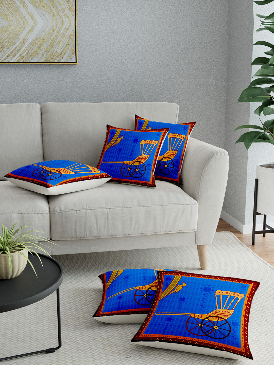 

LA VERNE Blue & Maroon Set of 5 Ethnic Motifs Square Cushion Covers