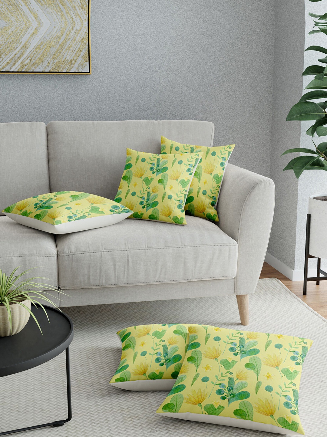 

LA VERNE Yellow & Green Set of 5 Floral Square Cushion Covers