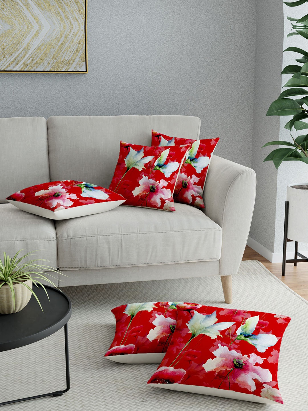 

LA VERNE Unisex Assorted & Red Set of 5 Floral Square Cushion Covers